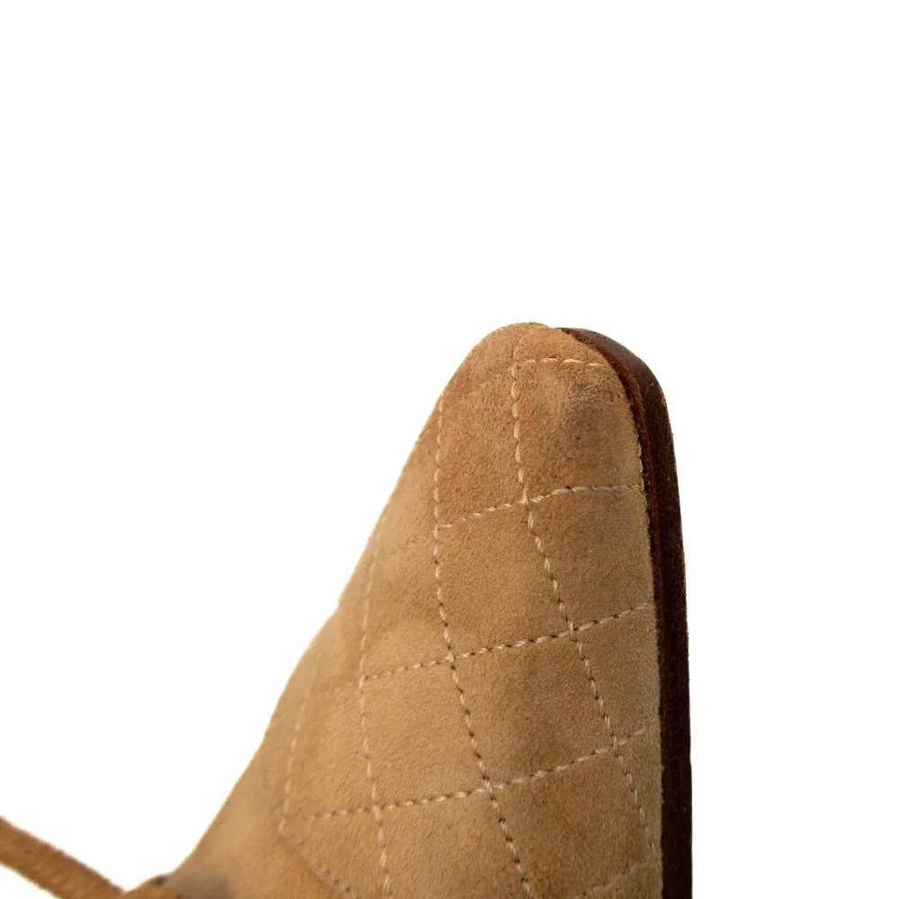 Vintage Chanel Beige Brown Quilted Cap Toe Suede Block‎ Heel PUMPS Size EU36/US6
